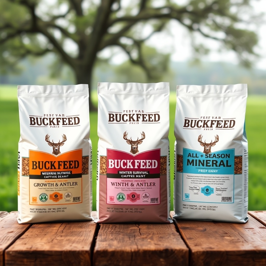 A high-quality photorealistic photograph of three different BuckFeed deer feed bags (Growt