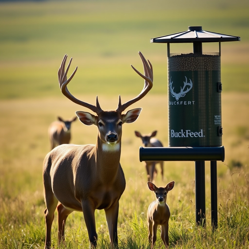 A photorealistic photo of a mature buck with impressive antlers standing near a BuckFeed f