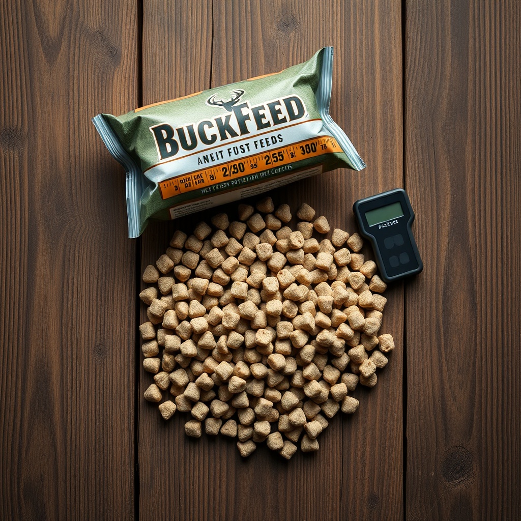A photorealistic overhead shot of a pile of BuckFeed Deer Feed pellets on a weathered wood
