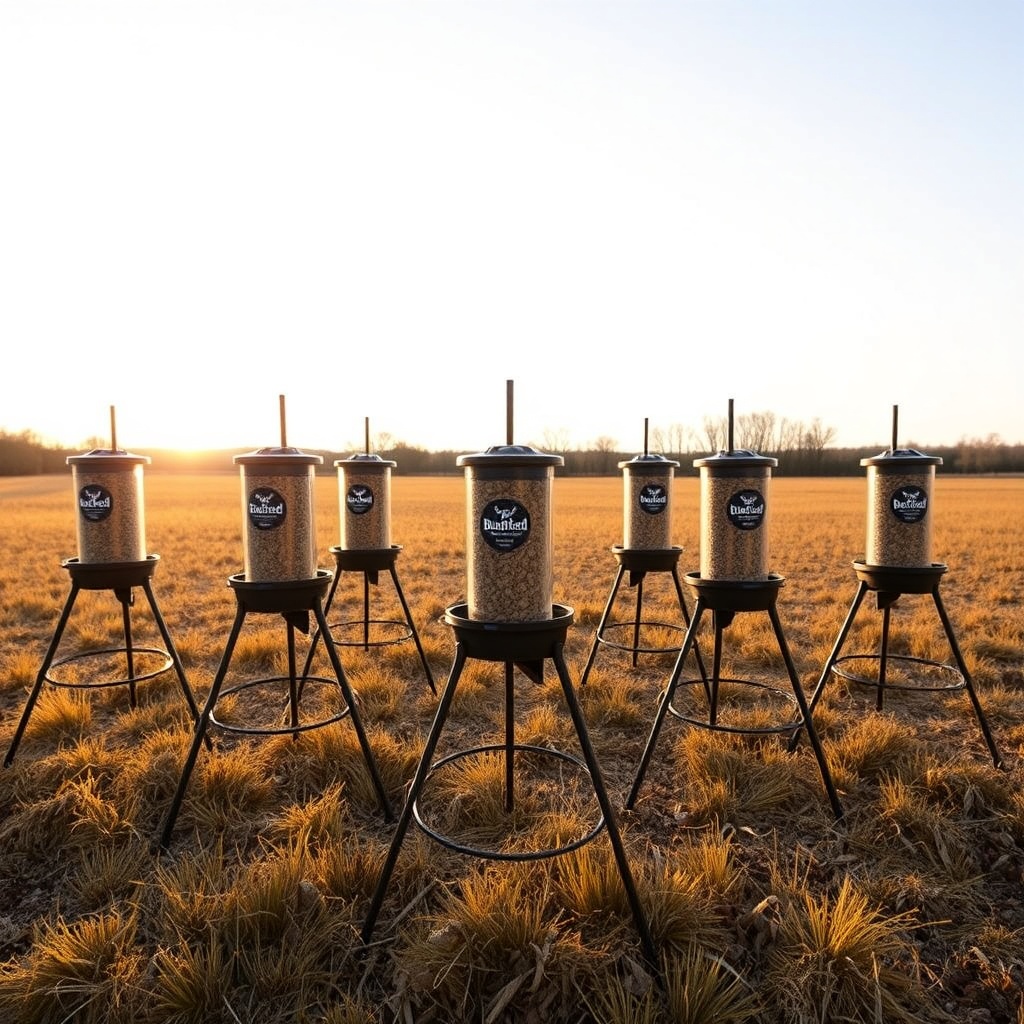 Wide-angle shot showing six tripod feeders arranged in a clearing