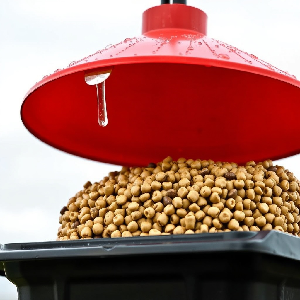 Macro shot of a Boss Buck Mega 500 feeder with dry BuckFeed Deer Feed pellets in a trough;
