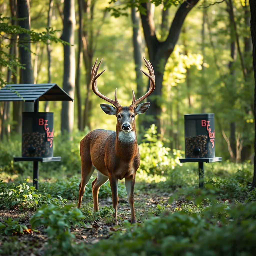 A photorealistic wide shot of a mature whitetail buck standing alert in a wooded clearing