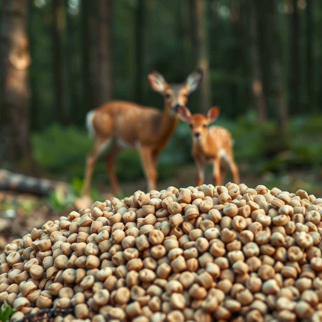 A photorealistic close-up of a BuckFeed deer feed pellet pile on a forest floor