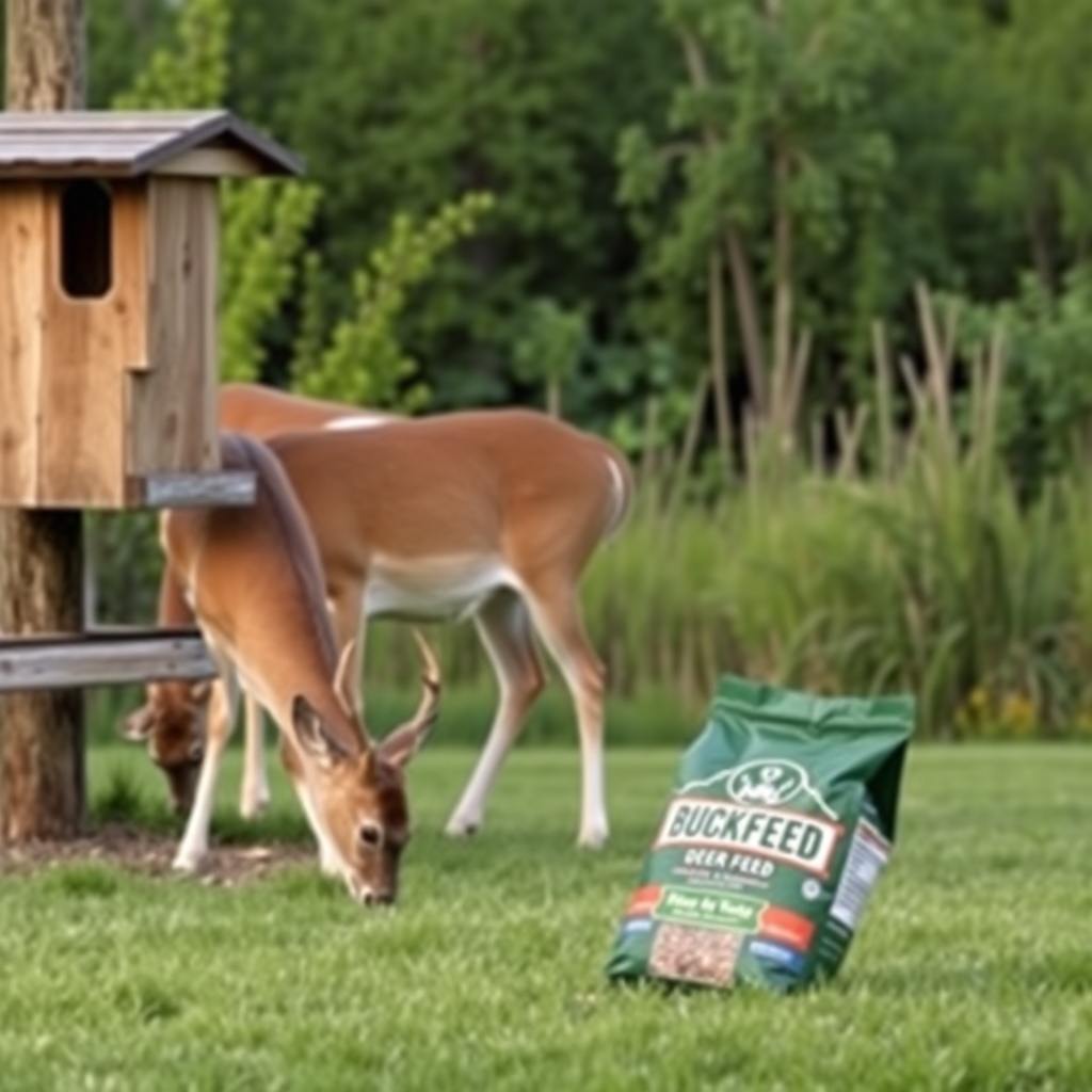 <clean photorealistic photo/illustration of deer grazing near a wooden feeder with green v