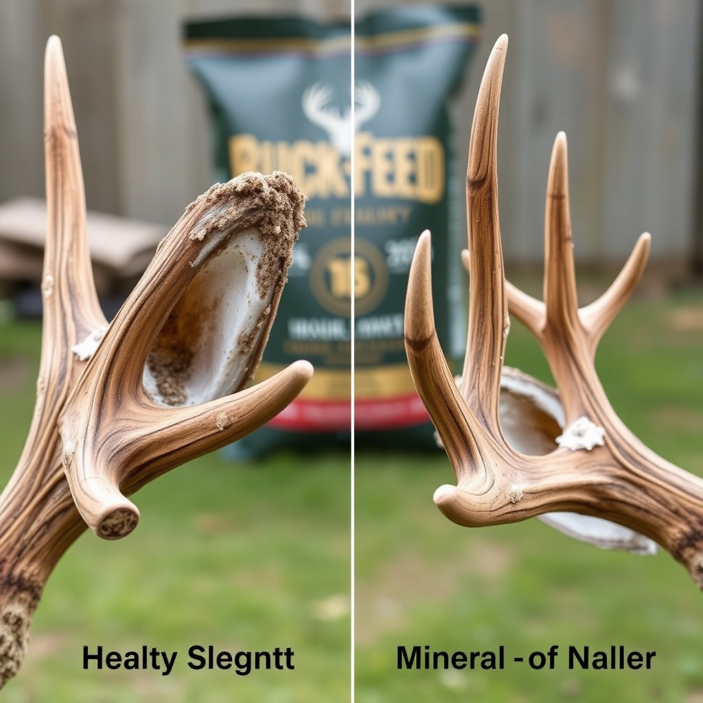 A photorealistic side-by-side comparison of a healthy antler segment versus a mineral-defi