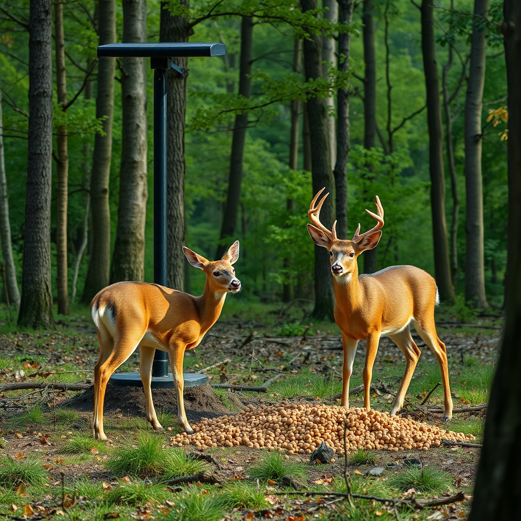 <clean photorealistic photo of a deer feeder in a forest clearing