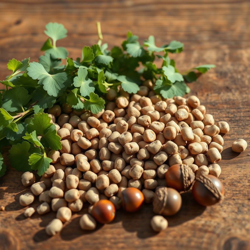 <clean photorealistic photo showing a cross-section of BuckFeed pellets next to fresh gree