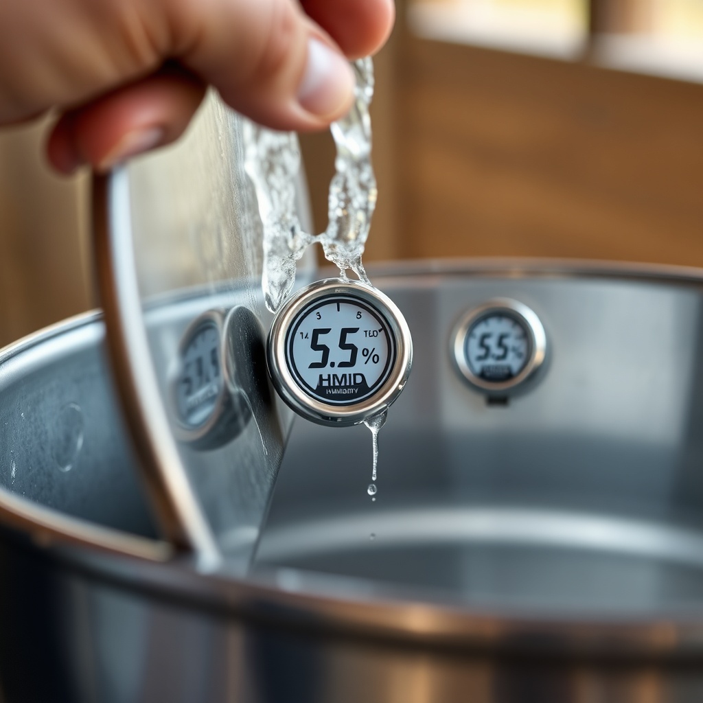 A photorealistic close-up of a hand checking a sealed metal feed bin for condensation