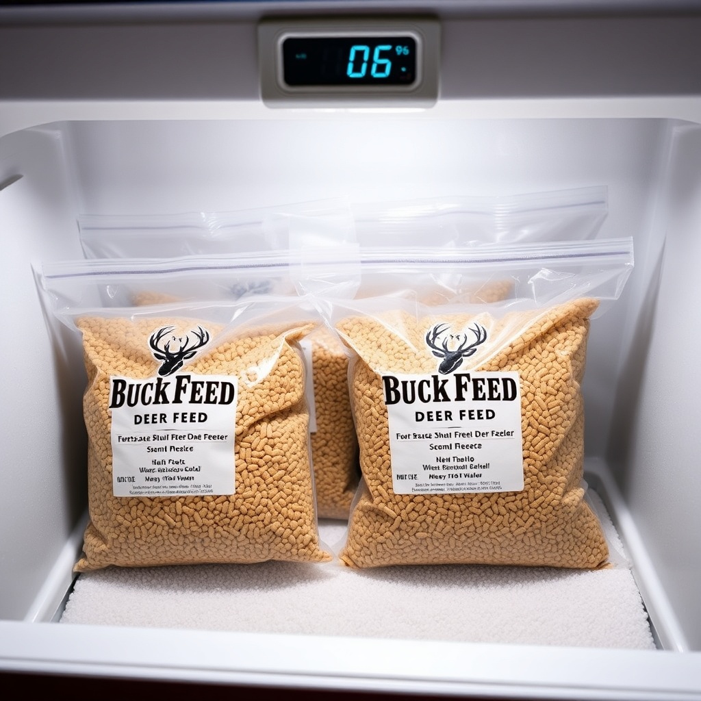 A photorealistic image of translucent sealed bags of BuckFeed Deer Feed placed horizontall