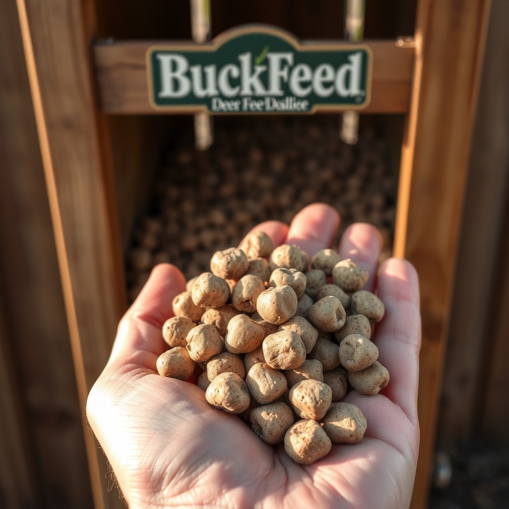 A close-up photorealistic photo of a human hand holding several BuckFeed Deer Feed pellets
