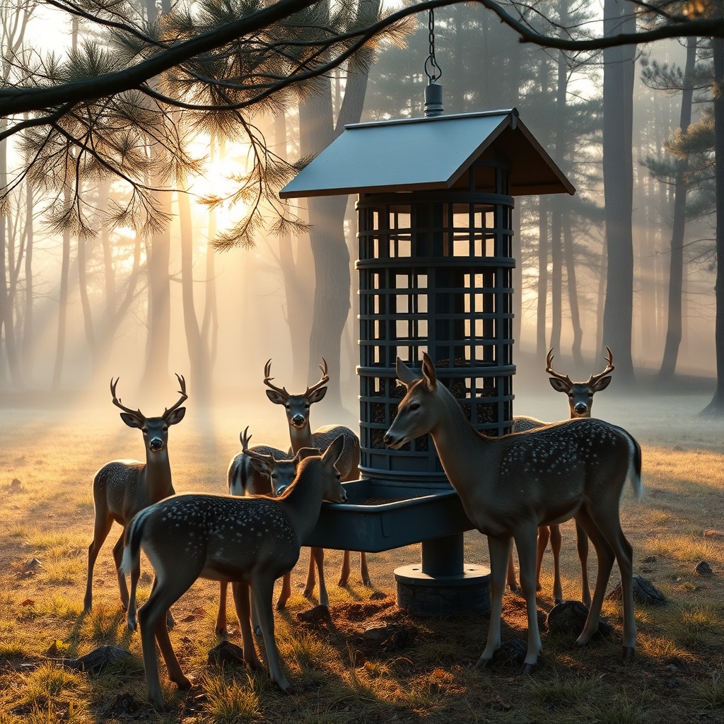 A wide-angle photorealistic photo of a deer feeder in a forest clearing with several white
