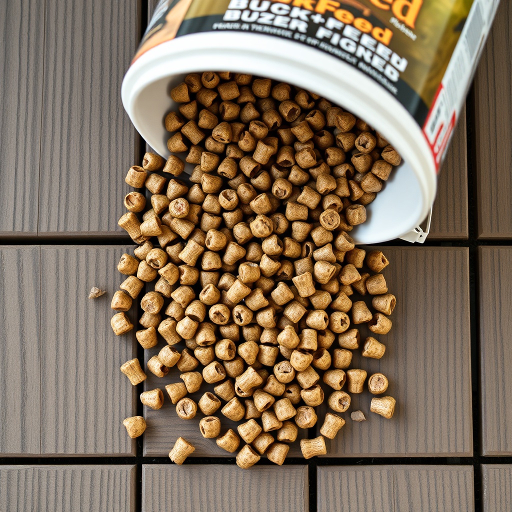 A photorealistic overhead shot of BuckFeed Deer Feed pellets spilling from a white bucket