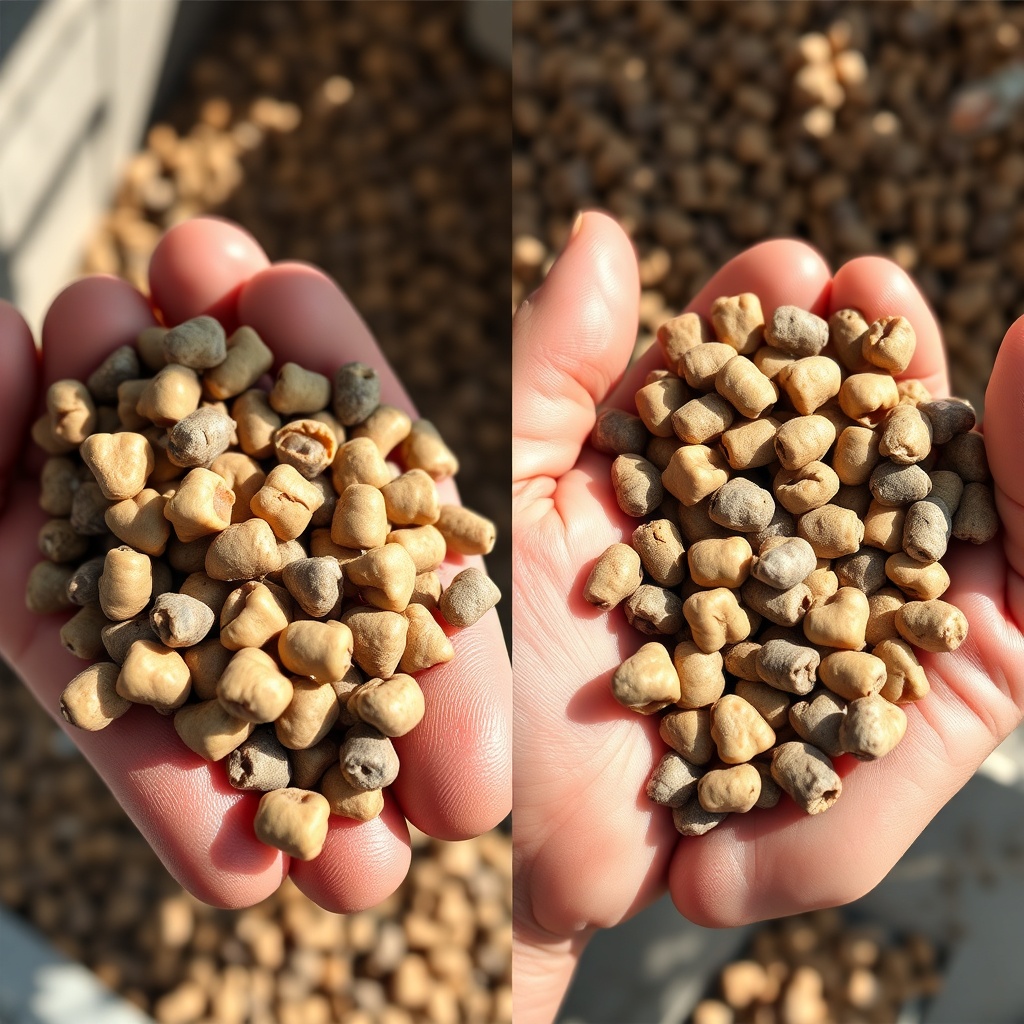 A photorealistic side-by-side comparison of two handfuls of deer pellets—one from a humid