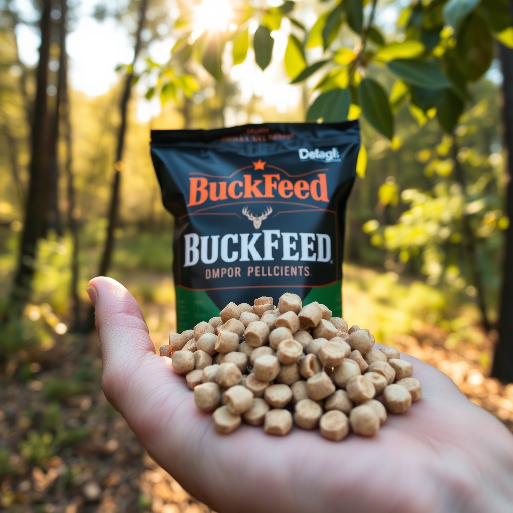 <clean photorealistic photo/illustration of a hand holding a pile of BuckFeed Deer Feed pe