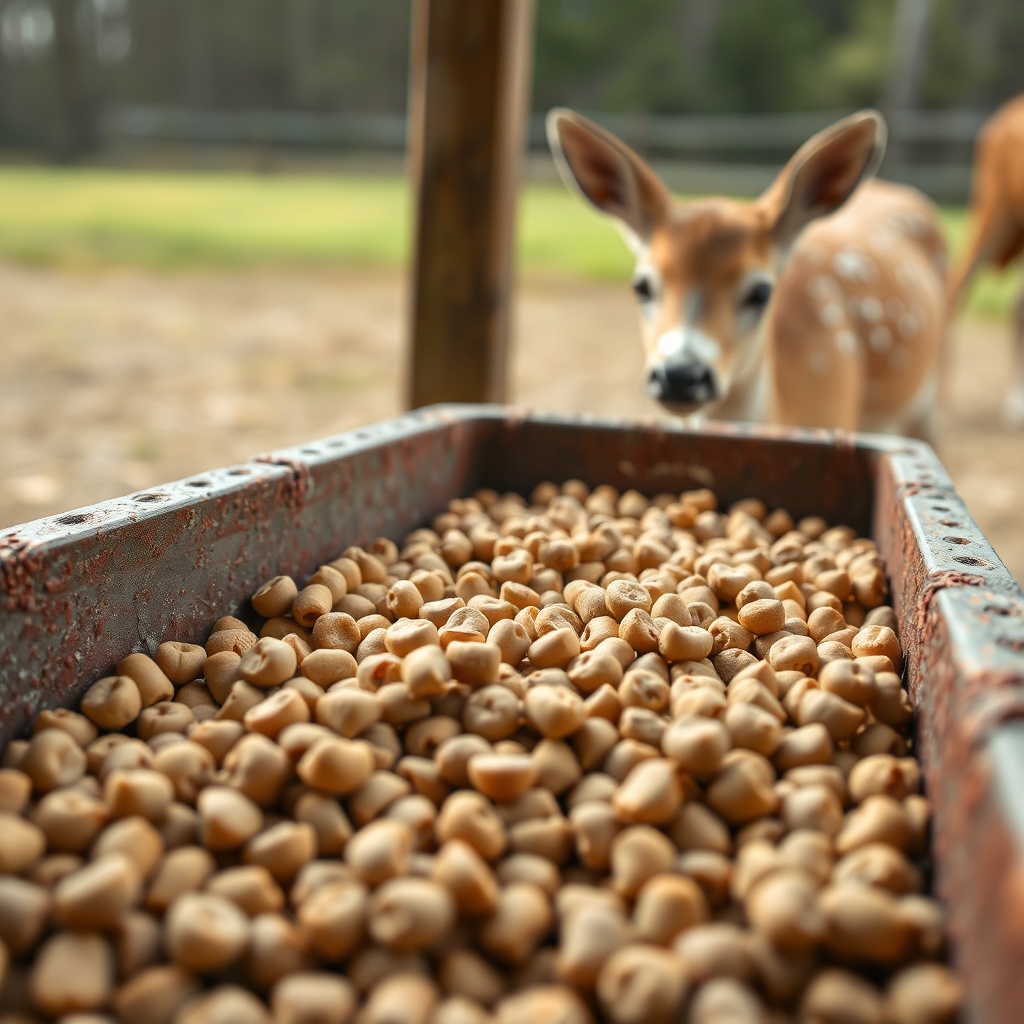 <clean photorealistic photo/illustration of a close-up of BuckFeed Deer Feed pellets in a
