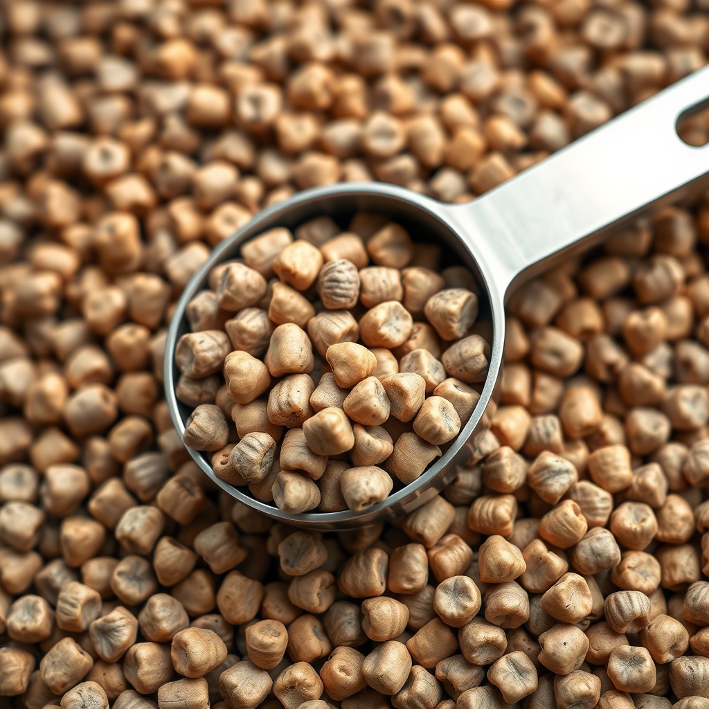 <clean photorealistic photo of a pile of BuckFeed Deer Feed pellets with a measuring scoop