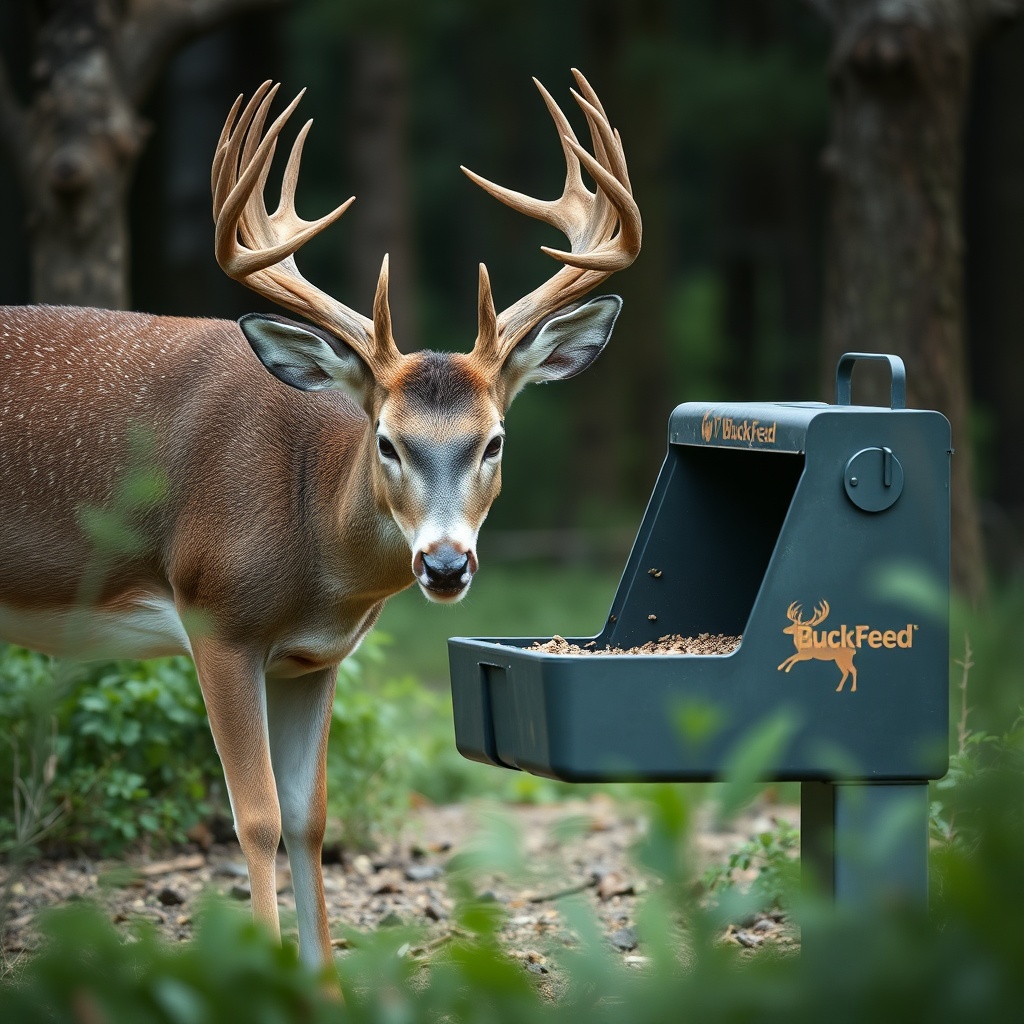 <clean photorealistic photo of a whitetail buck eating from a BuckFeed Deer Feed trough in