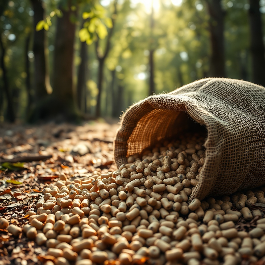 A photorealistic photo showing a close-up of BuckFeed Deer Feed pellets spilling from a bu