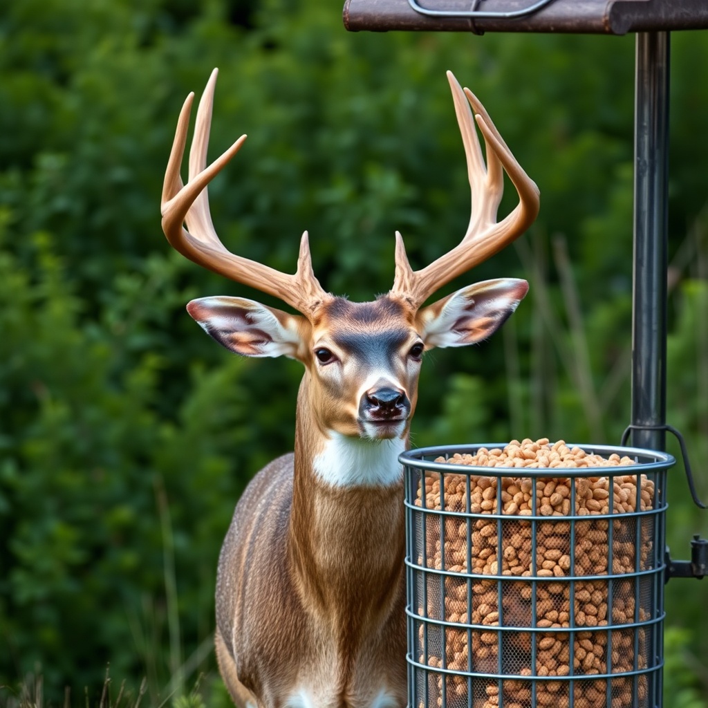 A photorealistic photo of a mature whitetail buck with 8-point antlers standing at a metal