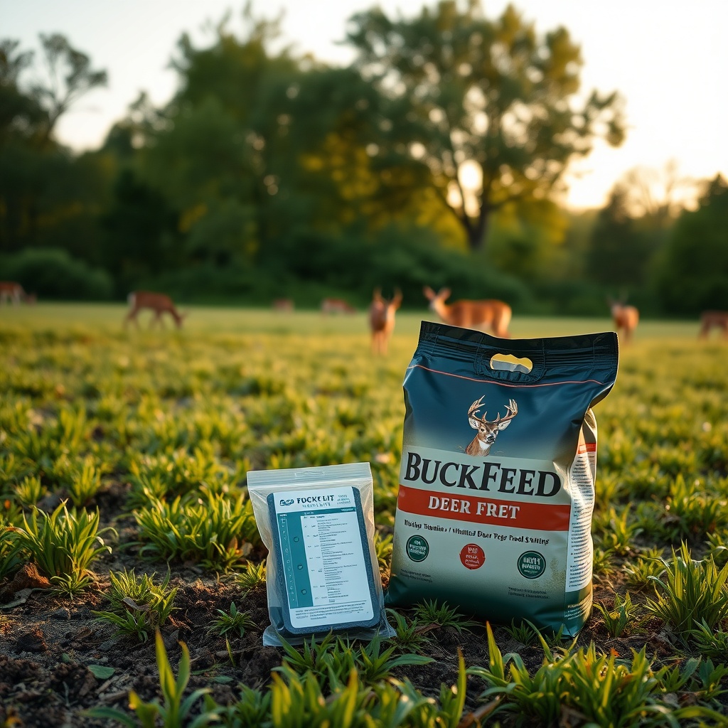 A photorealistic wide-angle photo of a lush food plot with a soil testing kit beside a bag