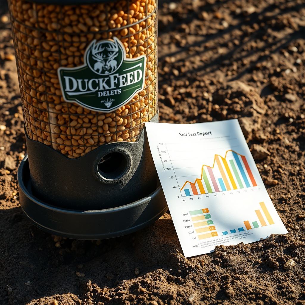 A photorealistic close-up of a deer feeder filled with BuckFeed Deer Feed pellets
