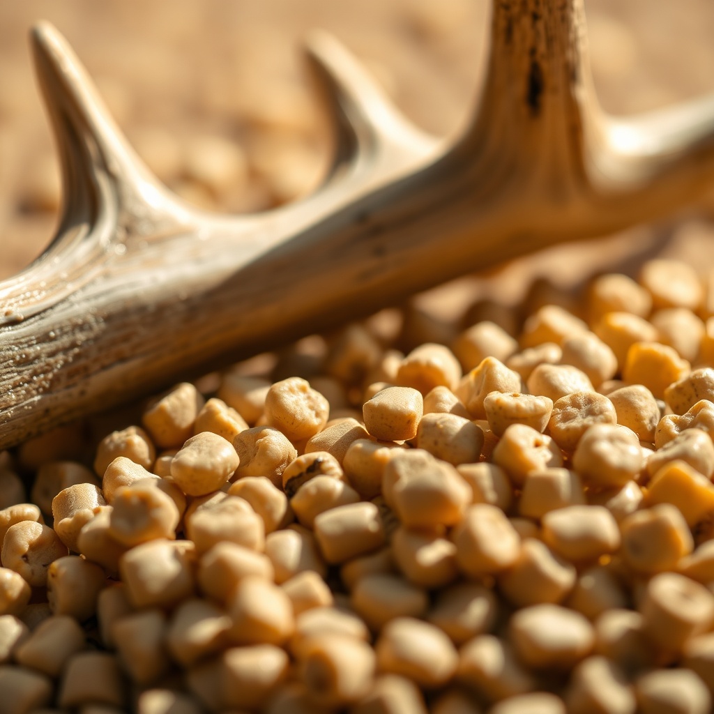 A photorealistic macro shot of BuckFeed Deer Feed pellets