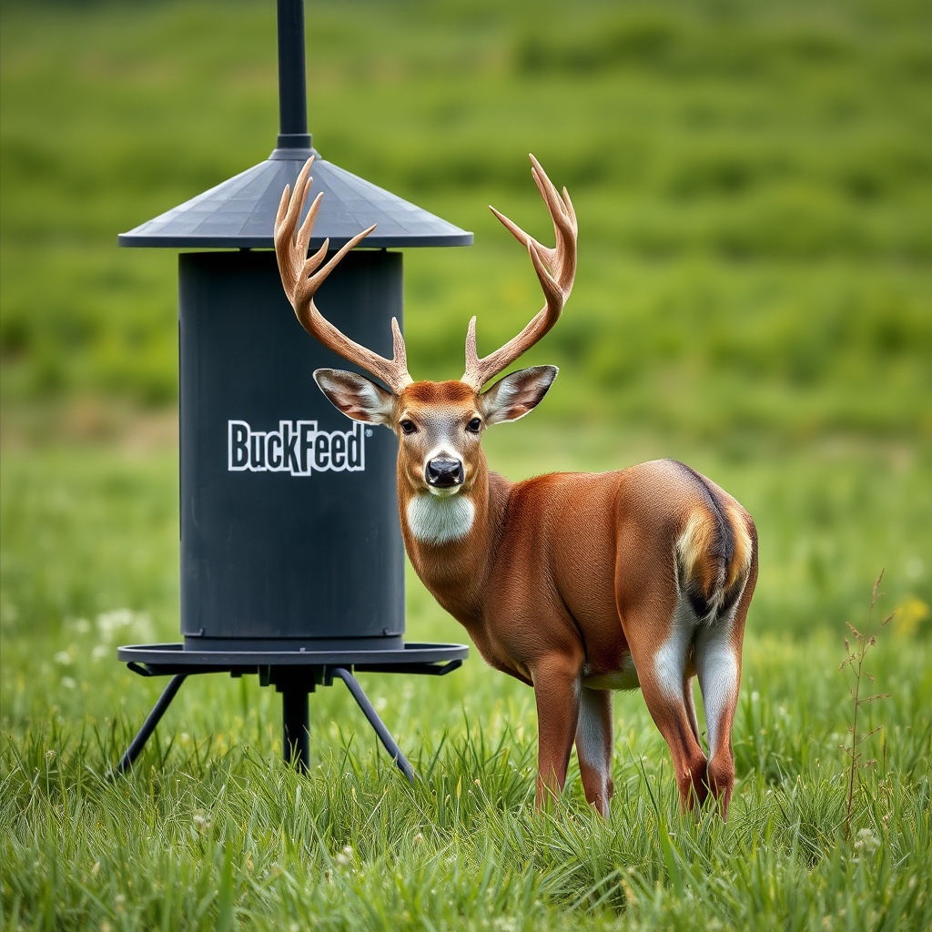 A photorealistic image of a large whitetail buck with velvet-covered antlers standing near