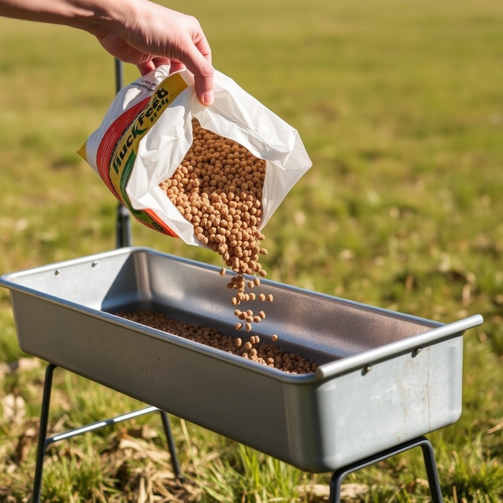 A photorealistic image of a hand pouring BuckFeed pellets from a bag into a galvanized ste