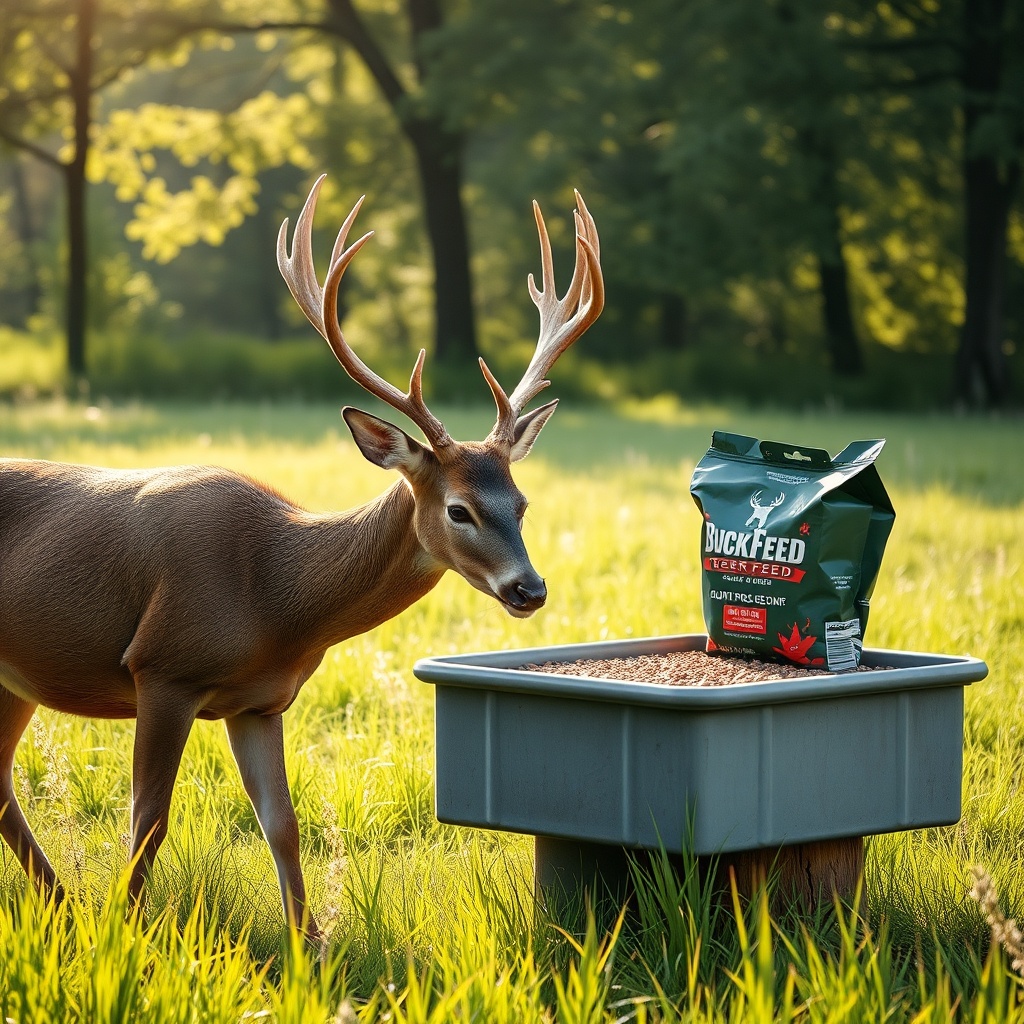 <clean photorealistic photo of a lush summer meadow with a healthy buck feeding from a tro