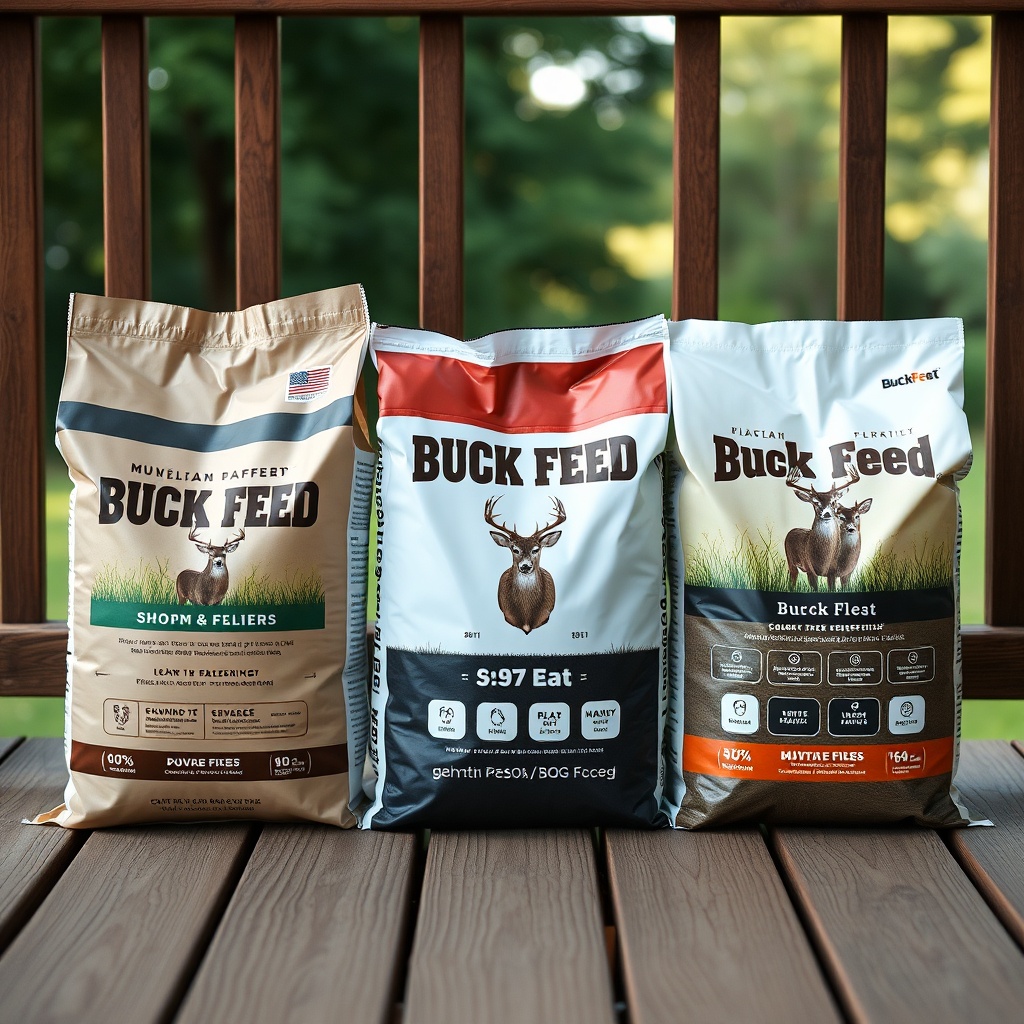 <clean photorealistic photo of a side-by-side comparison of three different deer feed bags