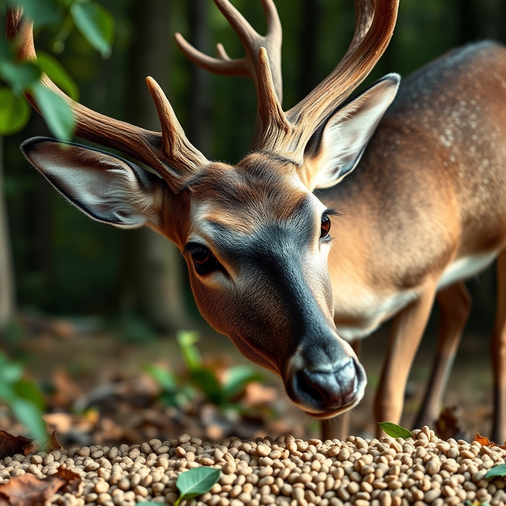 <Photorealistic close-up of deer feeding on grain pellets in a forest setting