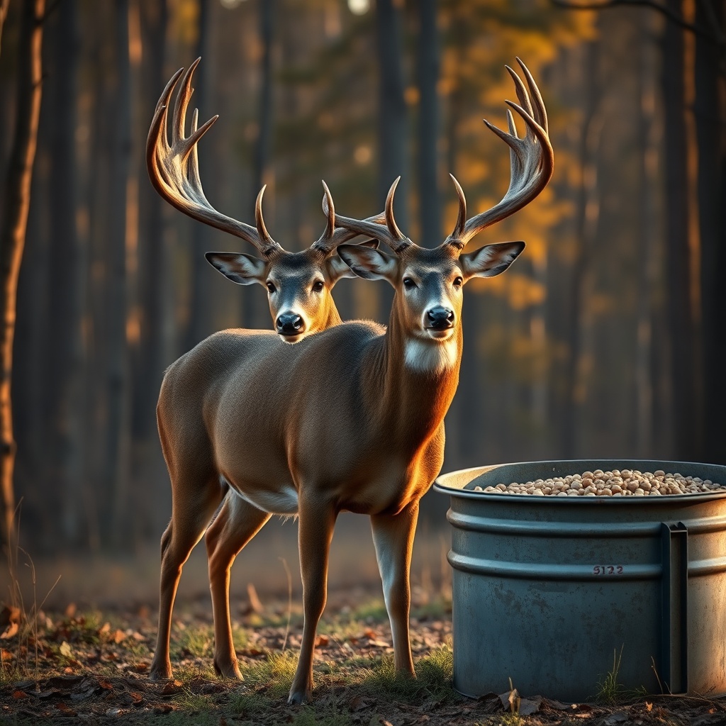 <Photorealistic shot of a massive buck standing near a metal trough filled with deer feed