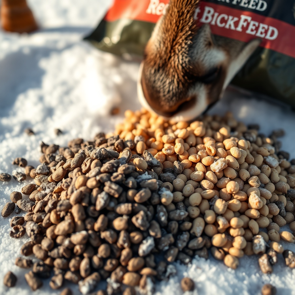 A photorealistic close-up of two piles of deer feed on snow—one dark