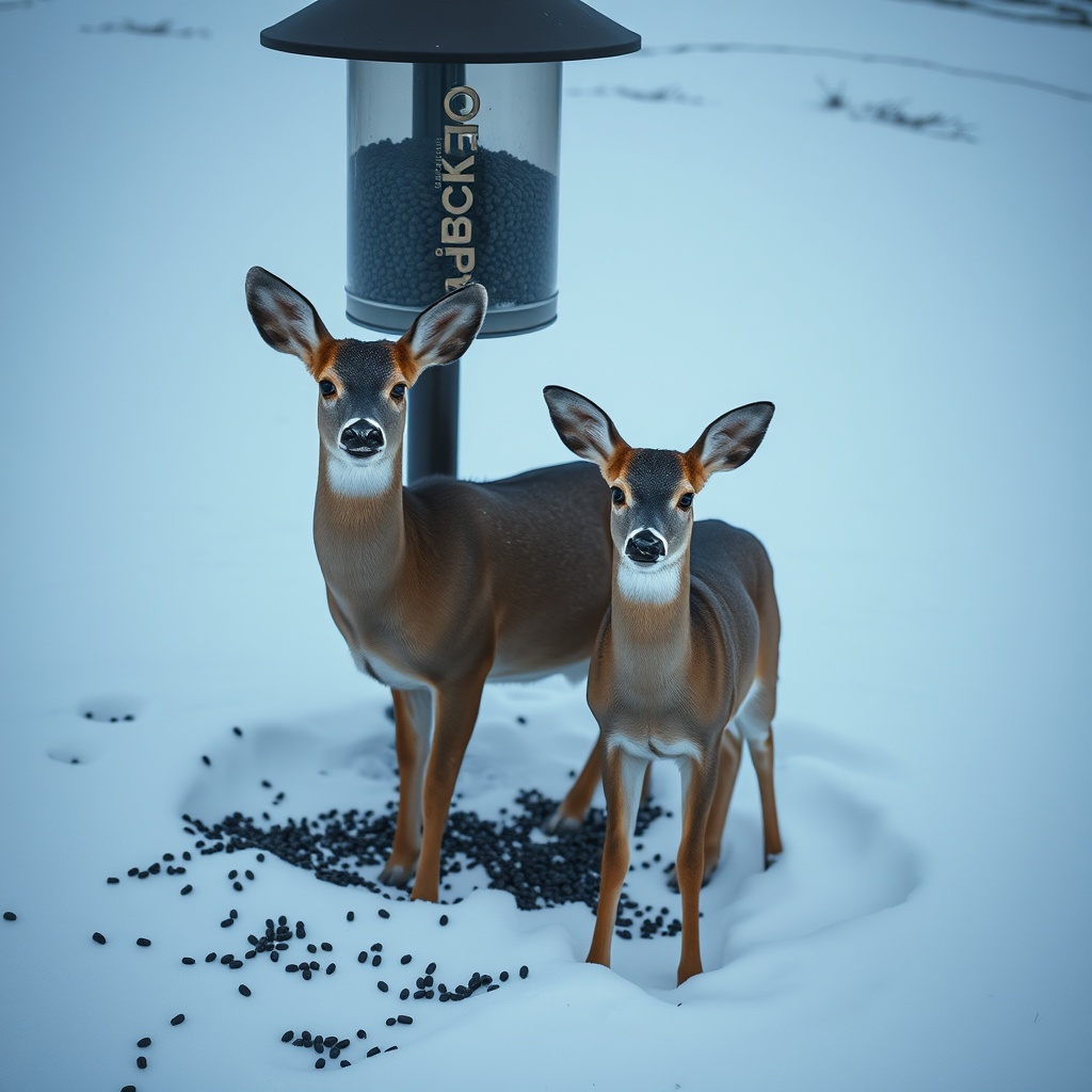A photorealistic image of a game camera photograph showing a healthy doe and a yearling bu