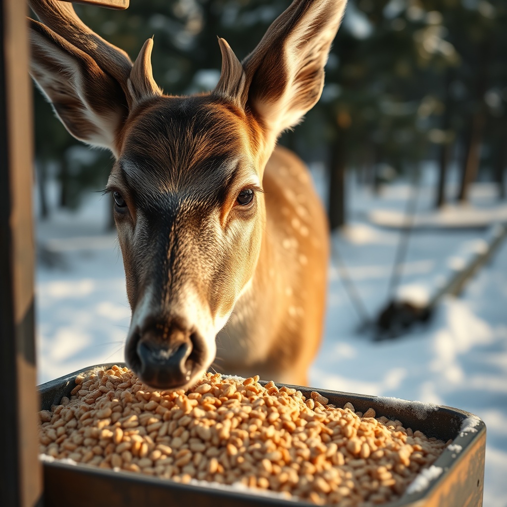 Close-up photorealistic photo of a deer eating from a BuckFeed trough in snow