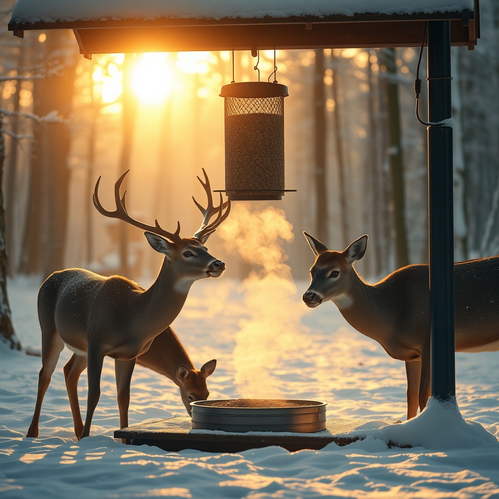 Photorealistic photo of a BuckFeed feeder station in a snowy forest