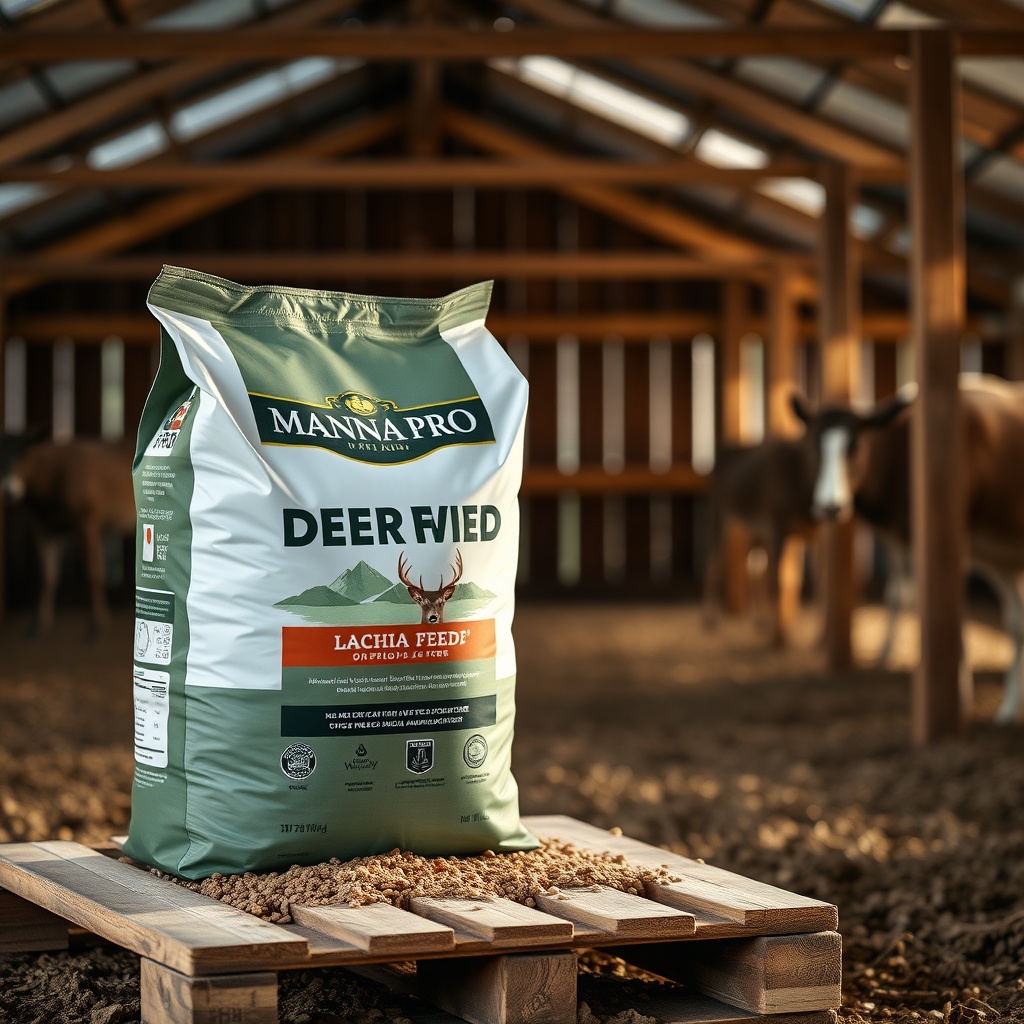 A clean photorealistic close-up of Manna Pro Deer Feed bag elevated on a wooden pallet in