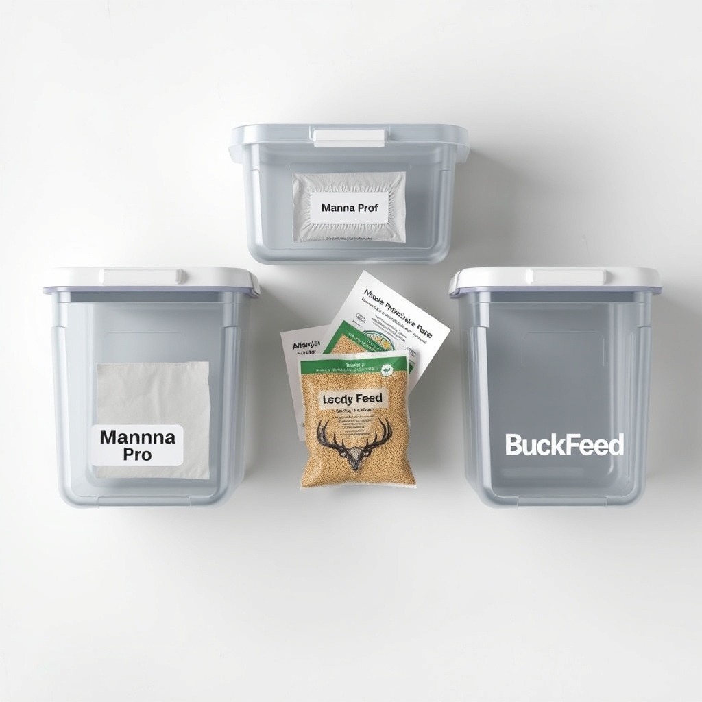 A clean photorealistic overhead shot of three airtight storage containers labeled Manna Pr