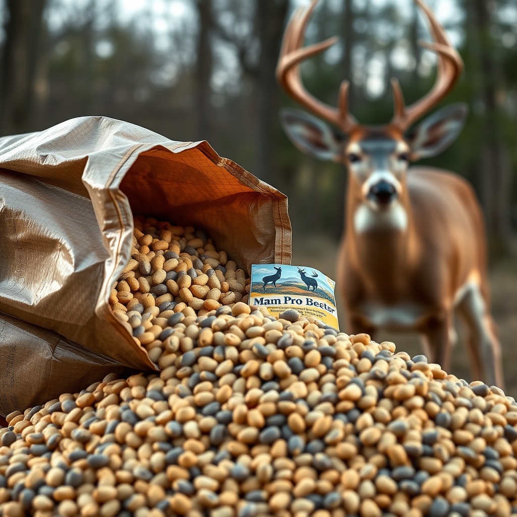 A photorealistic 16:9 image showing a pile of Manna Pro deer feed pellets spilling from an