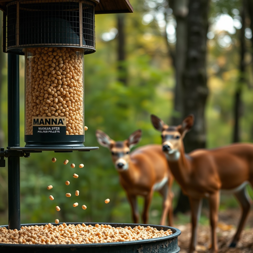 A photorealistic 16:9 photo of a deer feeder with Manna Pro pellets being dispersed