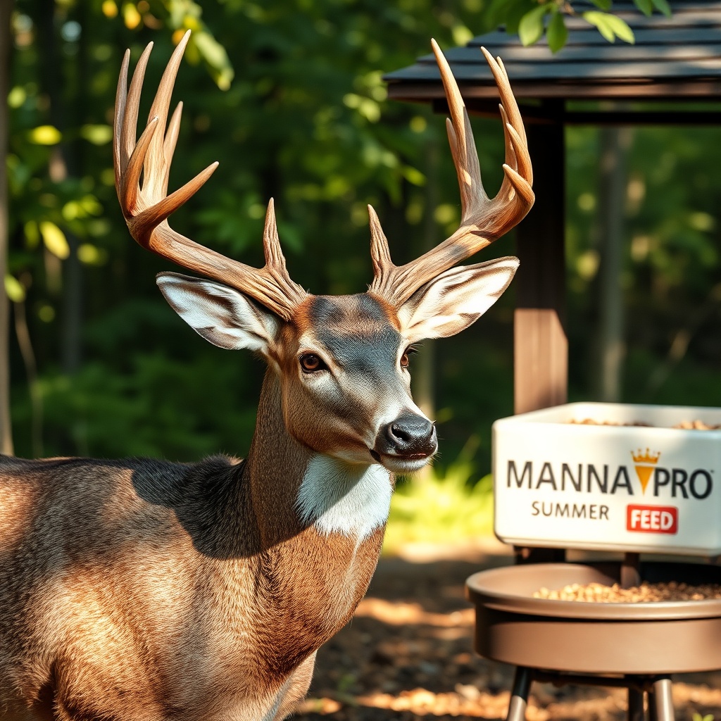 A photorealistic close-up of a mature whitetail buck with velvet-covered antlers