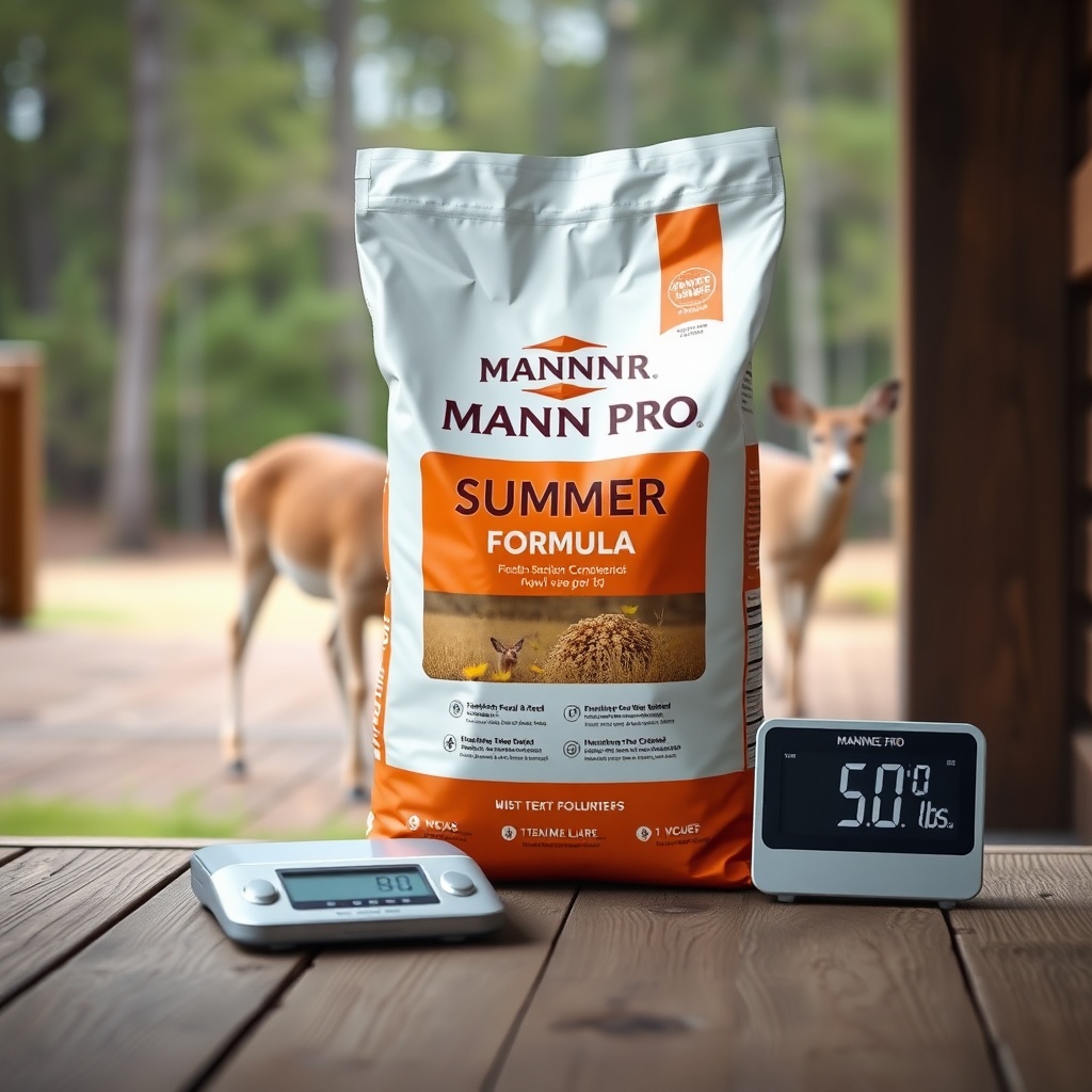 A photorealistic image of a Manna Pro Summer Formula feed bag sitting on a wooden deck nex