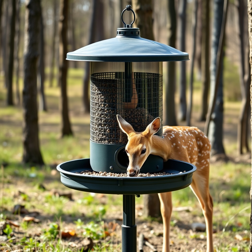 A clean photorealistic photo of a Manna Pro gravity deer feeder in a forest clearing