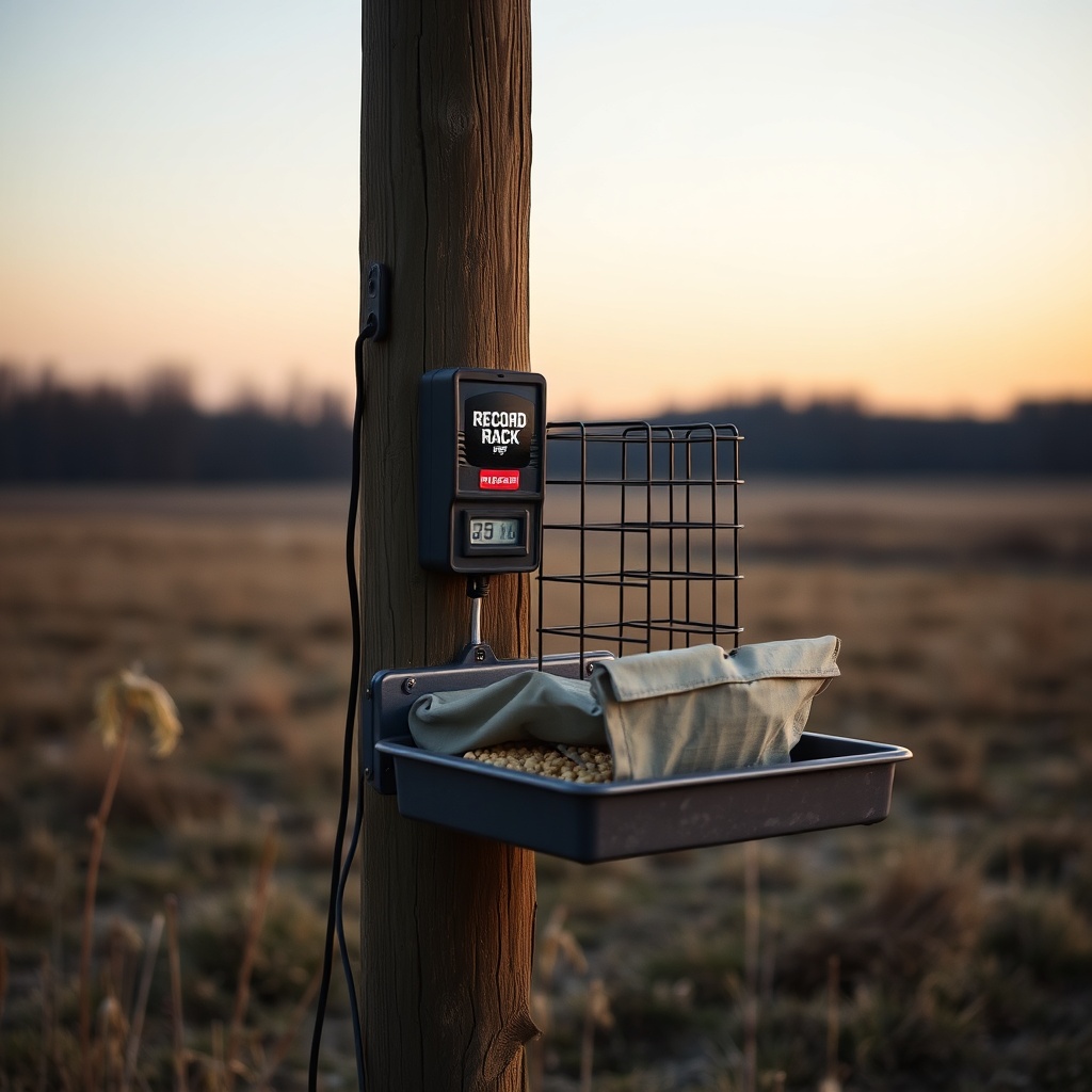 A clean photorealistic photo of a Record Rack timed deer feeder mounted on a wooden post i