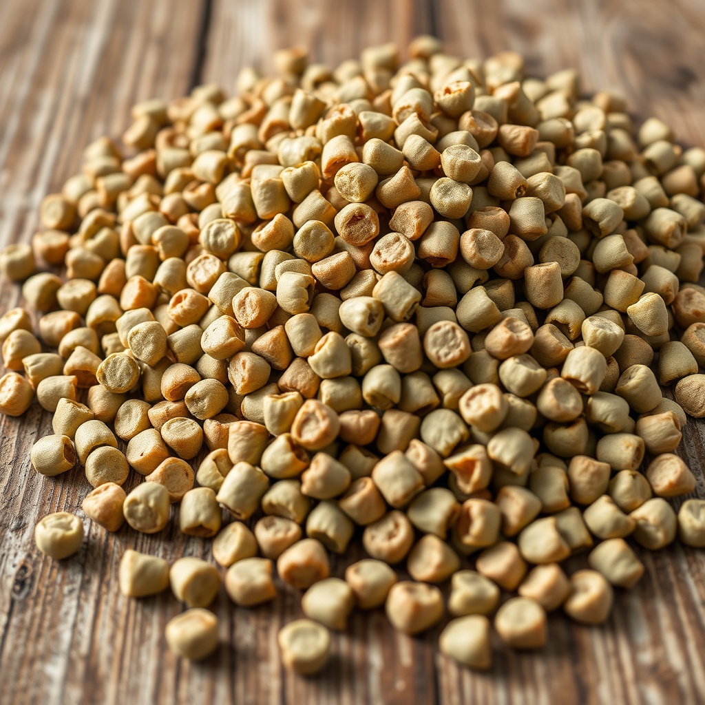 A photorealistic close-up of a pile of Manna Pro Deer Feed pellets on a weathered wooden t