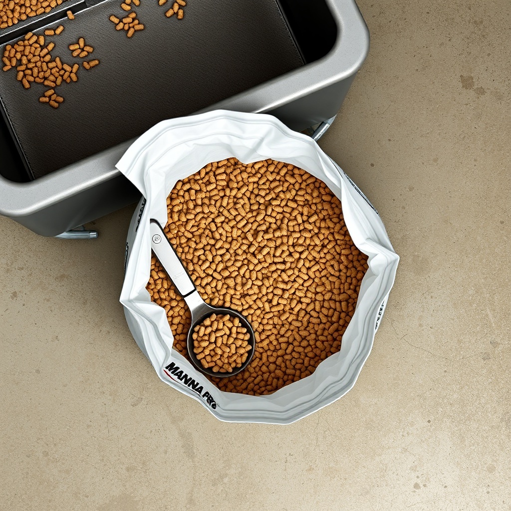 A photorealistic overhead shot of an open bag of Manna Pro Deer Feed