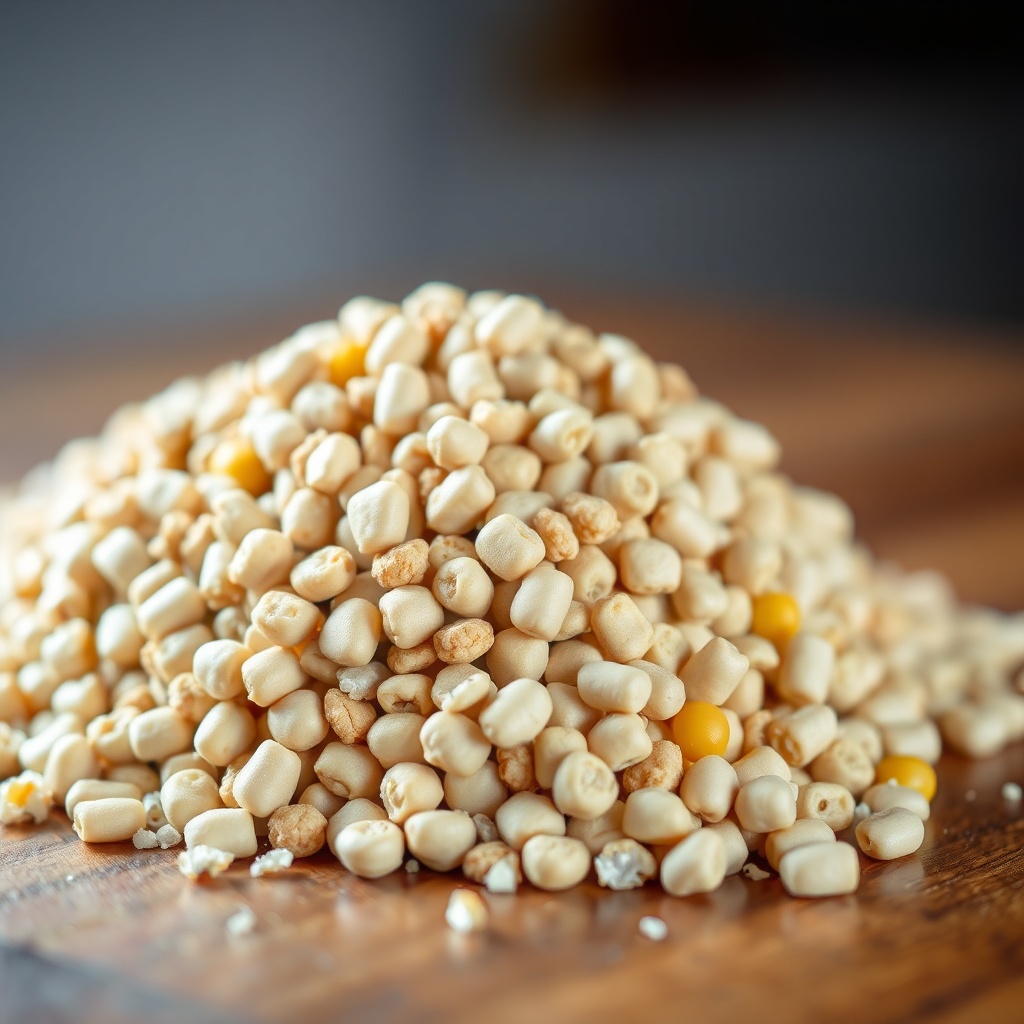 A photorealistic close-up of a stack of soybean meal pellets mixed with whole corn kernels