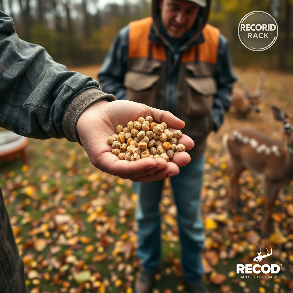 A photorealistic image of a deer manager holding a handful of Record Rack pellets in an ou