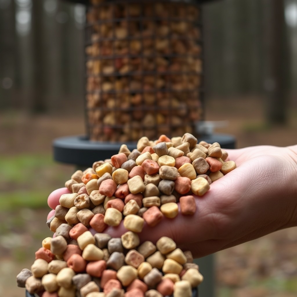 A photorealistic close-up of a handful of Record Rack Deer Feed pellets