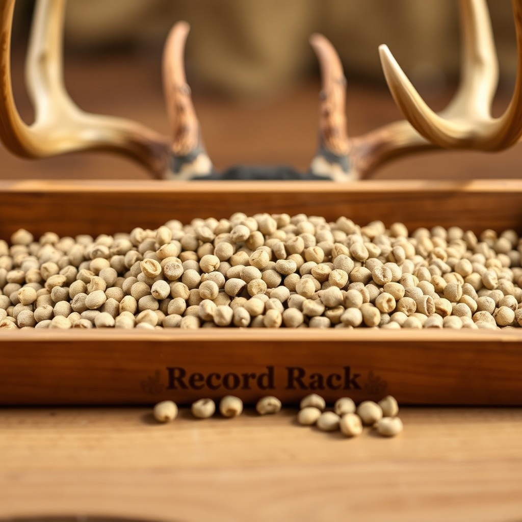 <clean photorealistic photo/illustration showing Record Rack Deer Feed pellets spread on a